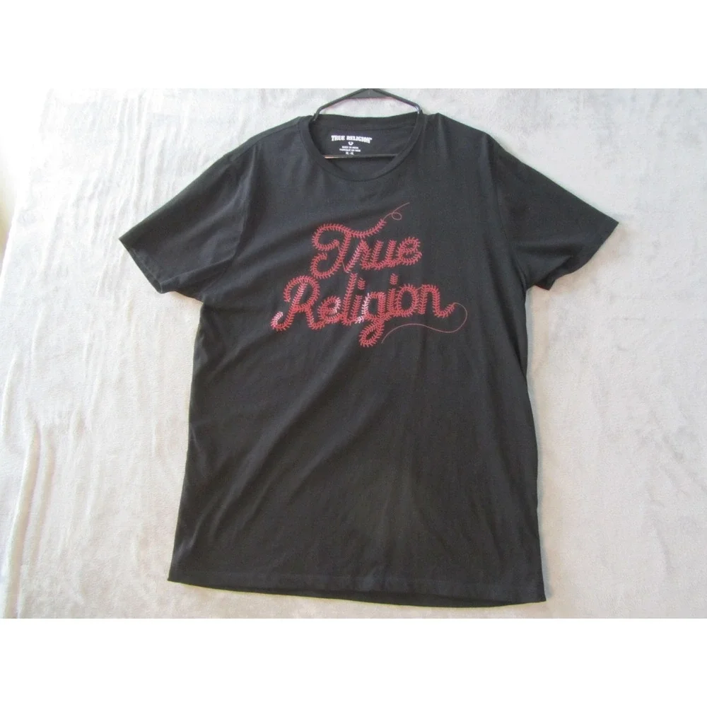 True Religion T-Shirt Mens XL Black Red Baseball Stitch Graphic Logo Tee